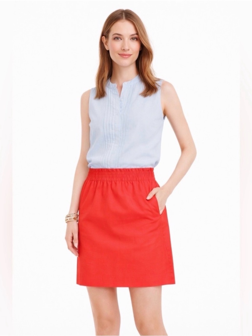 J. Crew Factory Coral Linen Blend Smocked Waist Skirt Size 14